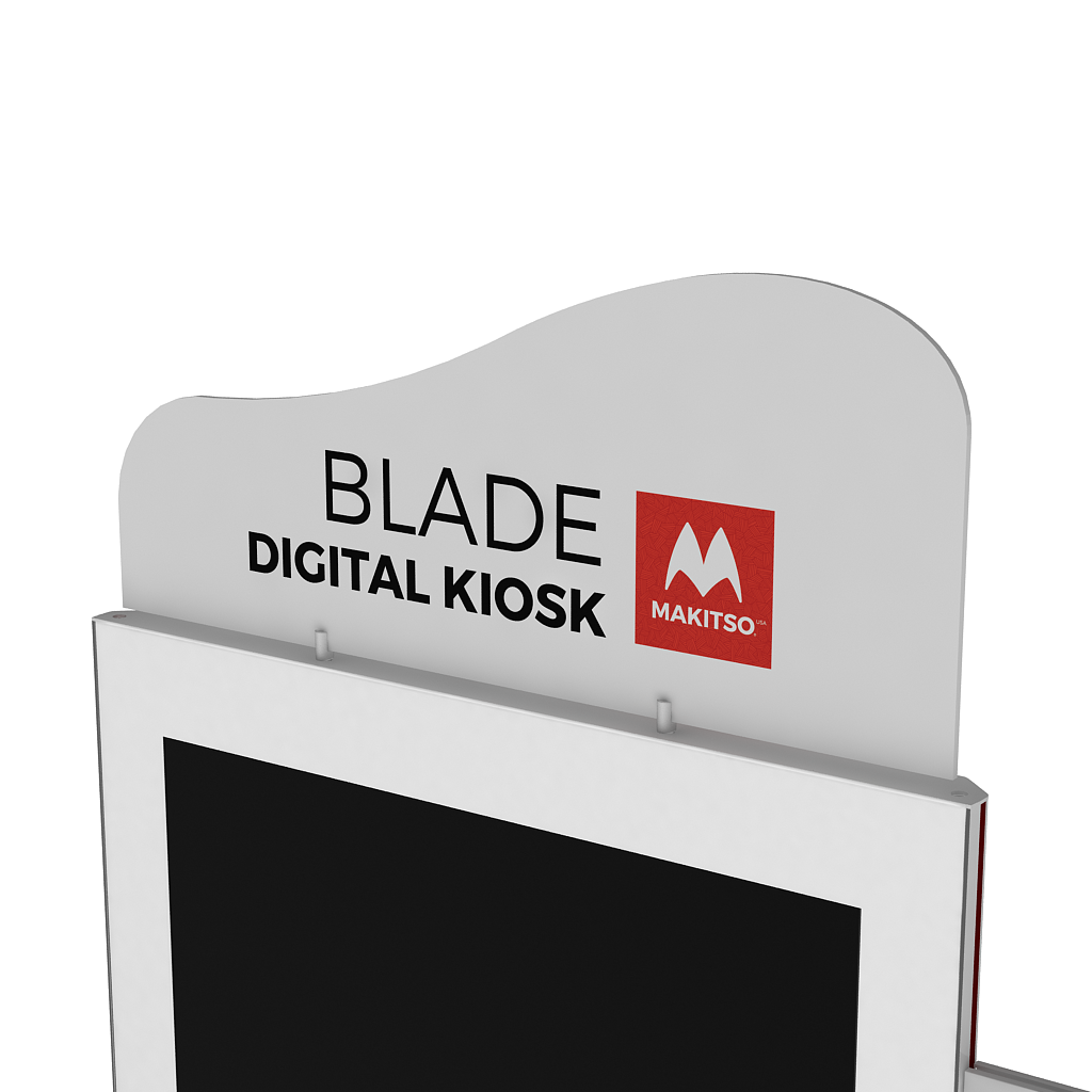Makitso Blade Digital Signage Kiosk with header angled