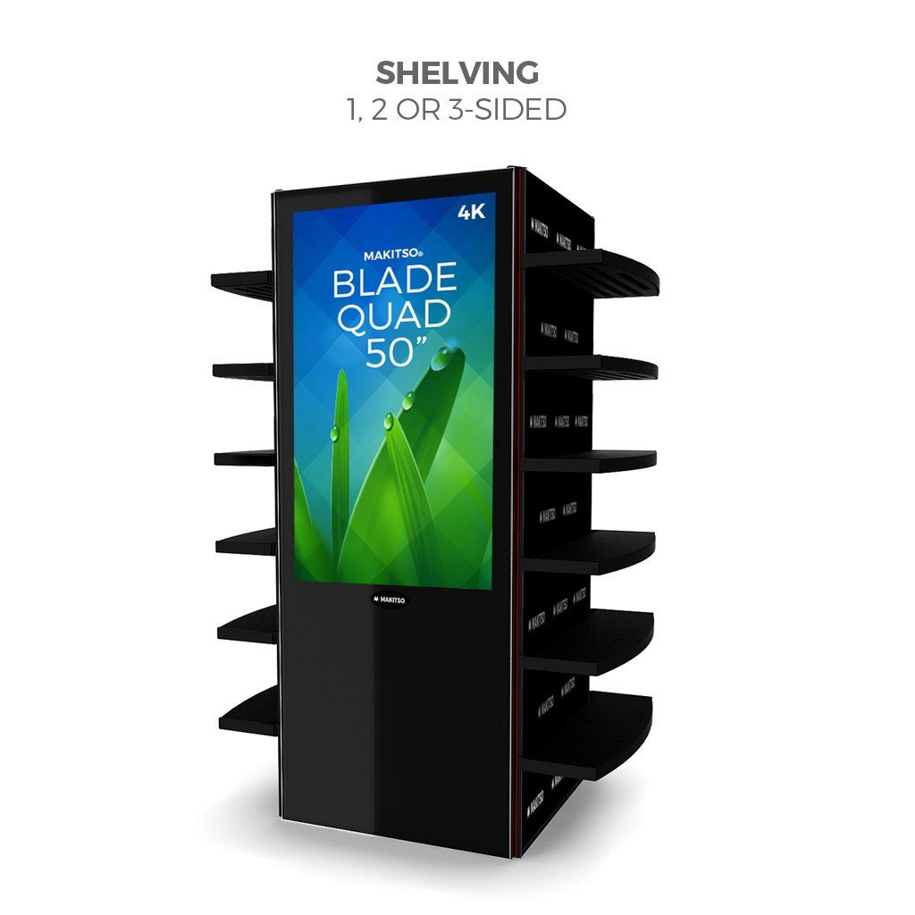 Makitso Blade Quad 50" Pro Digital Signage Kiosk black with shelving