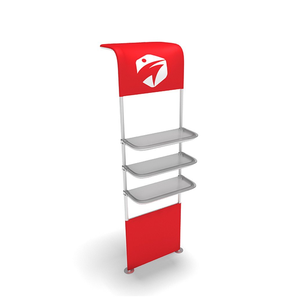 WaveLine® Waterfall Display Shelving for Trade Show Exhibits outside shelf and half graphic