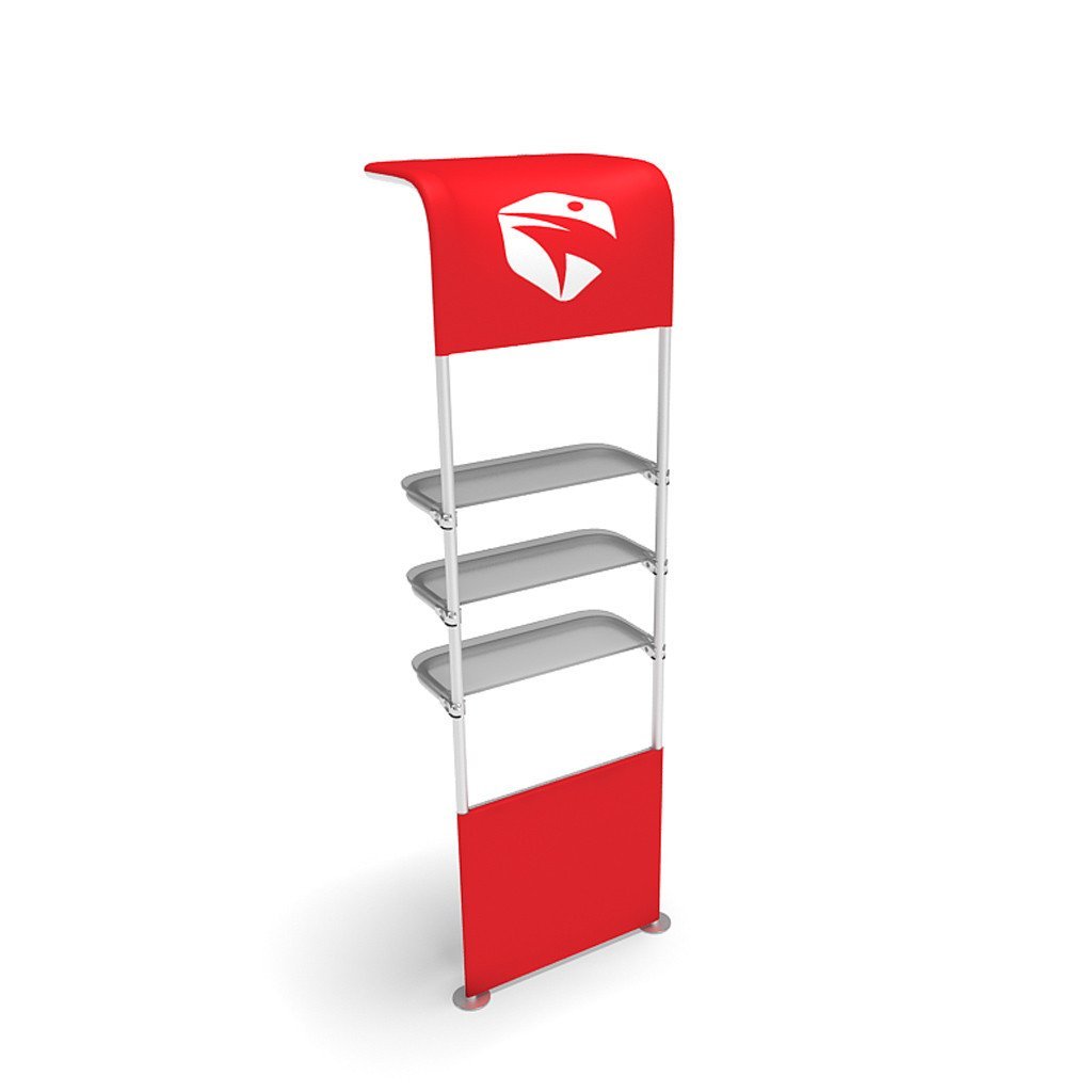 WaveLine® Waterfall Display Shelving for Trade Show Exhibits inside shelf and half graphic